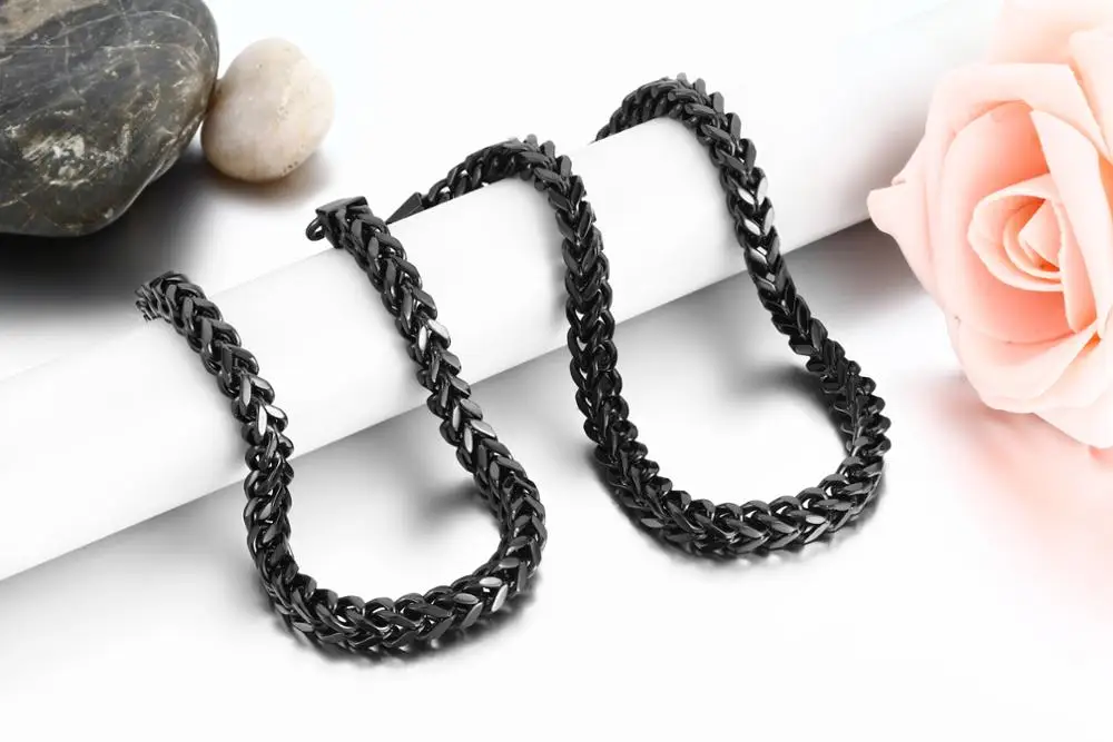 Boniskiss 6MM Width Heavy Men's Black Cut Curb Cuban Link Square Chain Stainless Steel Punk Hip Hop Necklace