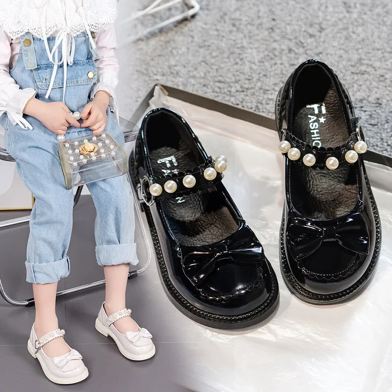 Children's Flats Fashion Pearl Bow Princess Dance Party Performance School Shoes Girl Dress Leather Shoes Kid Mary Jane Shoes