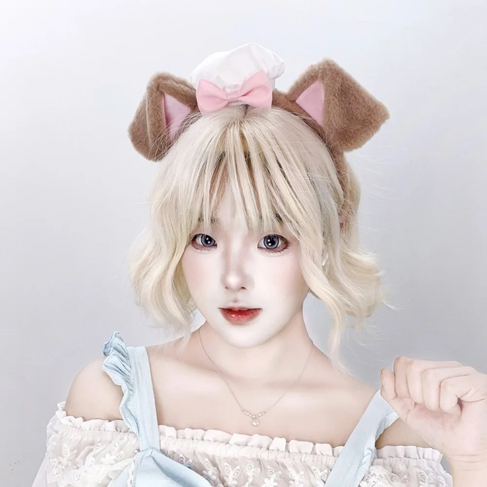 Urocza opaska do włosów z uszkami psa w stylu Lolita, czapka kucharska, koronkowa kokarda, puszysta opaska do włosów, obręcz do włosów do cosplayu, na występy cosplayowe.