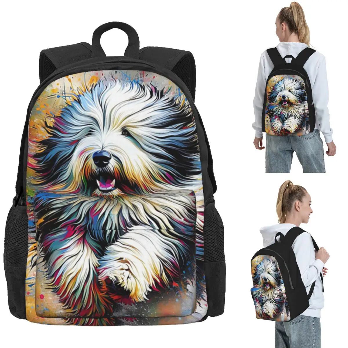 Old English Sheepdog Dog Portrait Acrylic Art Backpack Daypack Large Capacity BookBag School Bag Shoulder Bags for Men Women