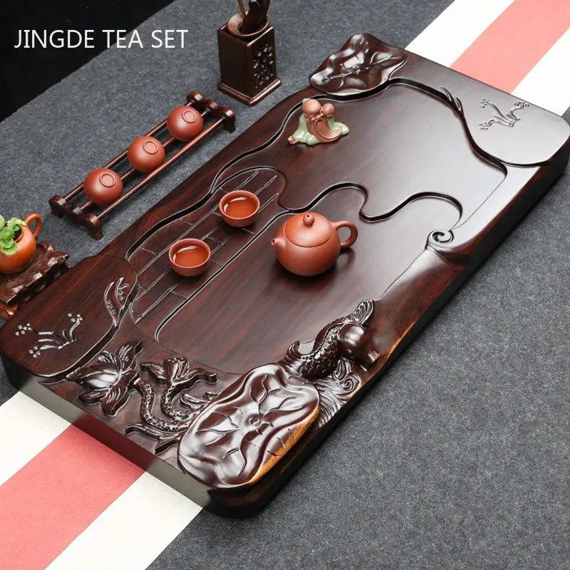 Luxury Large Size Tea Tray Rectangular Hand Carving Wooden Tray Drainage Type Tea Tray Tradition Tea Set Storage Accessories