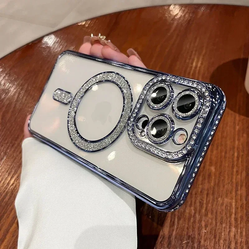 New Fashion Glitter Diamond Transparent Case For iPhone 16 15 14 13 11 12 Pro Max 16 Plus Magnetic Wireless Charge Bumper Cover