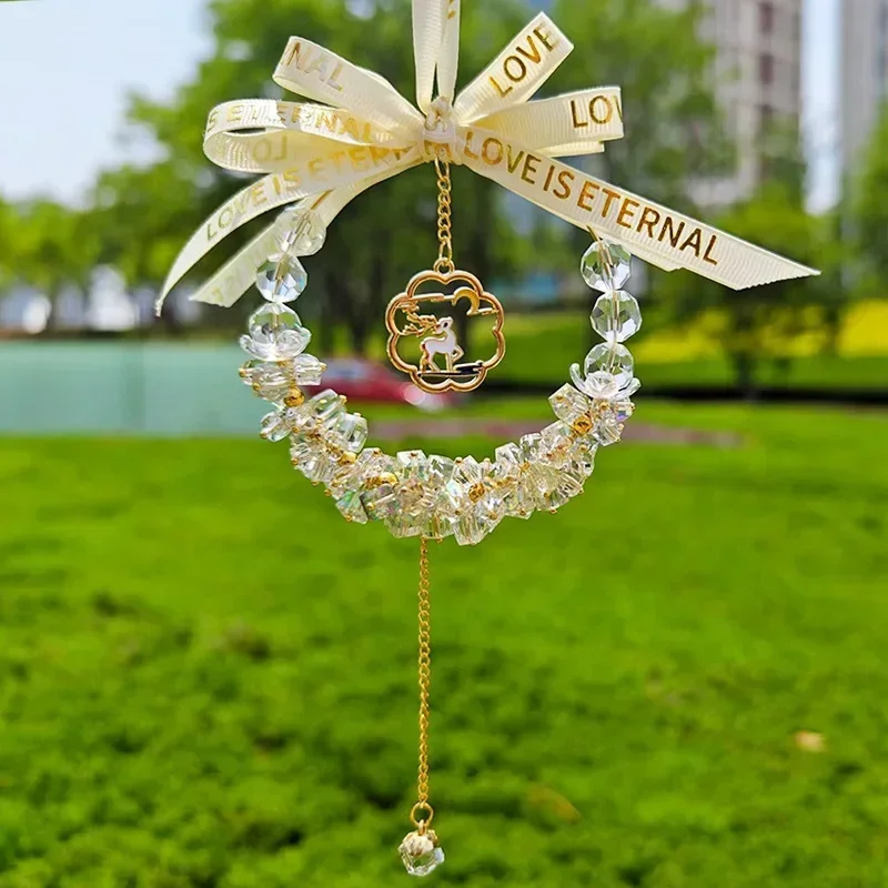 Double Sided Rhinestone Rearview Mirror Car Pendant Peace Joy Ornaments Crystal Car Decoration Interior Accessories for Women