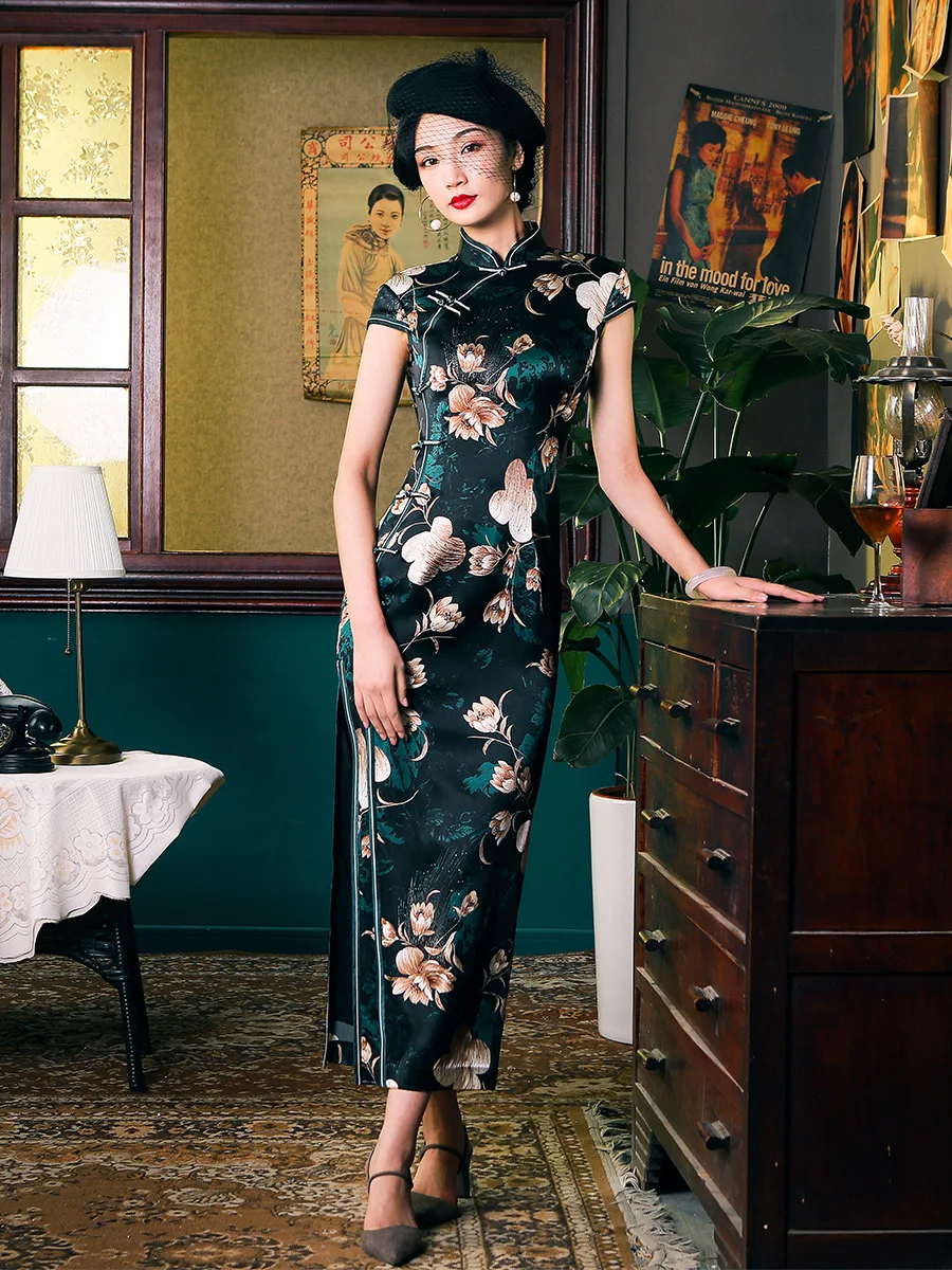 Silk Cheongsam Blue Print QiPao Custom Cheongsams DressOld Shanghai Traditional Retro  High Slit Slim  End  Dress