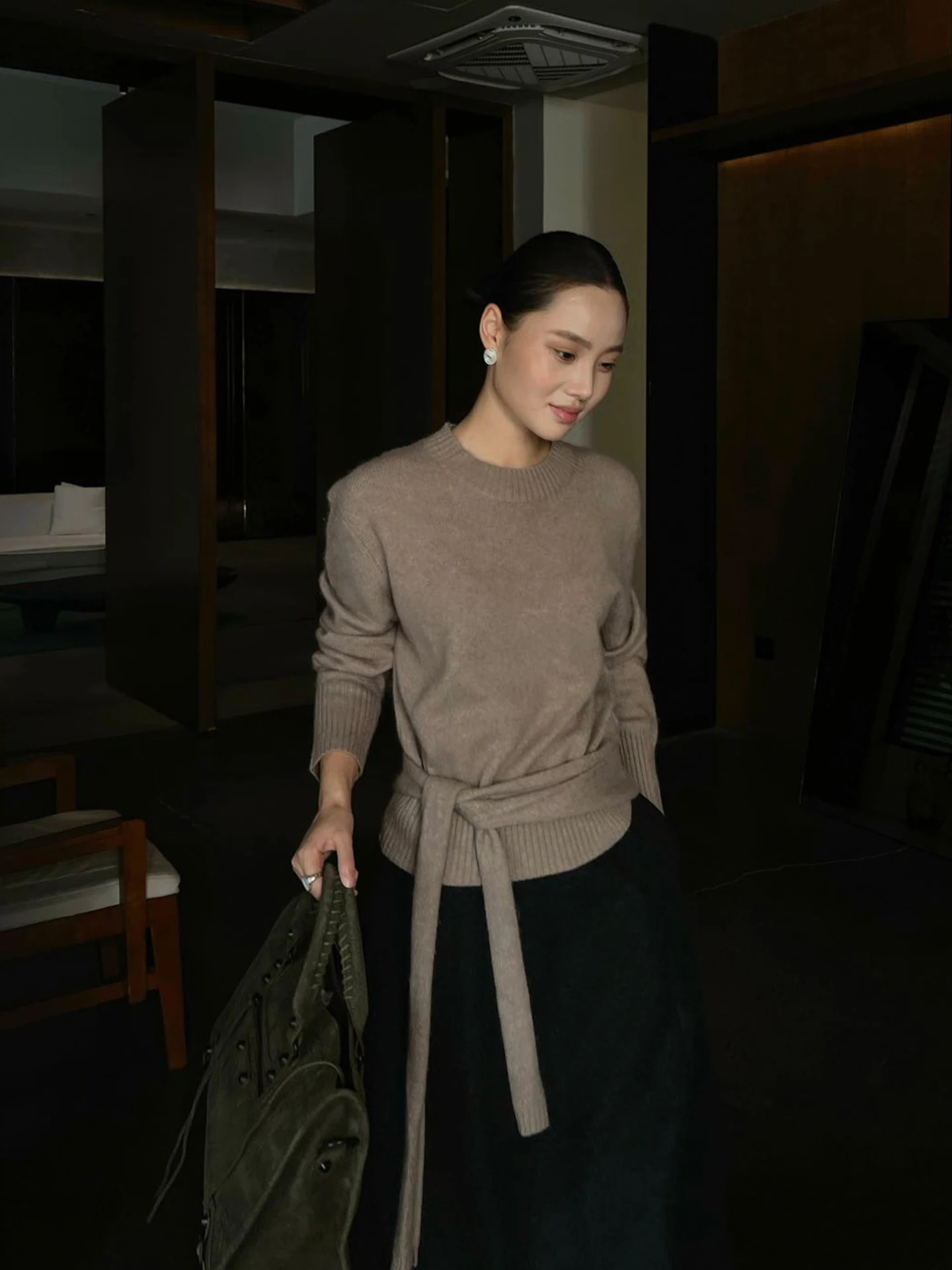 

PURIYH mat Knitted Wool Sweater Women's Faionable Base Layer Top with Irregular Belt Soft Warm Daily Wear