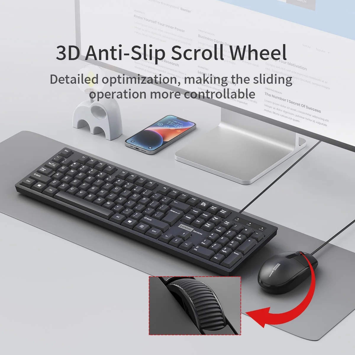 Lenovo Wired Mouse and Keyboard Set Classic Black Office Business Home Use 104Key Keyboard Kit Silent Quiet Mouse Combo for Pc