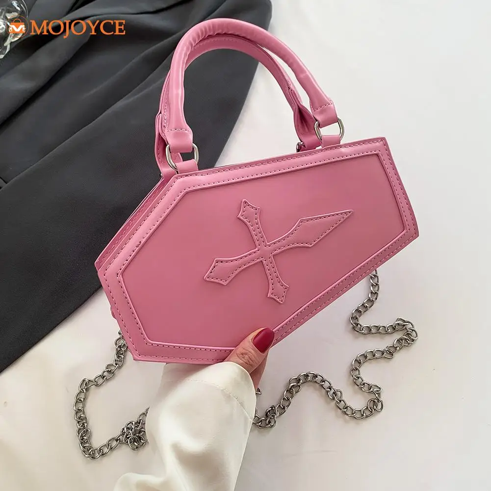 2023 New Girls Top-Handle Bag Coffin Shaped Small Handbag Luxury Cross Design Chain Crossbody Bag PU Leather Women Trend Satchel