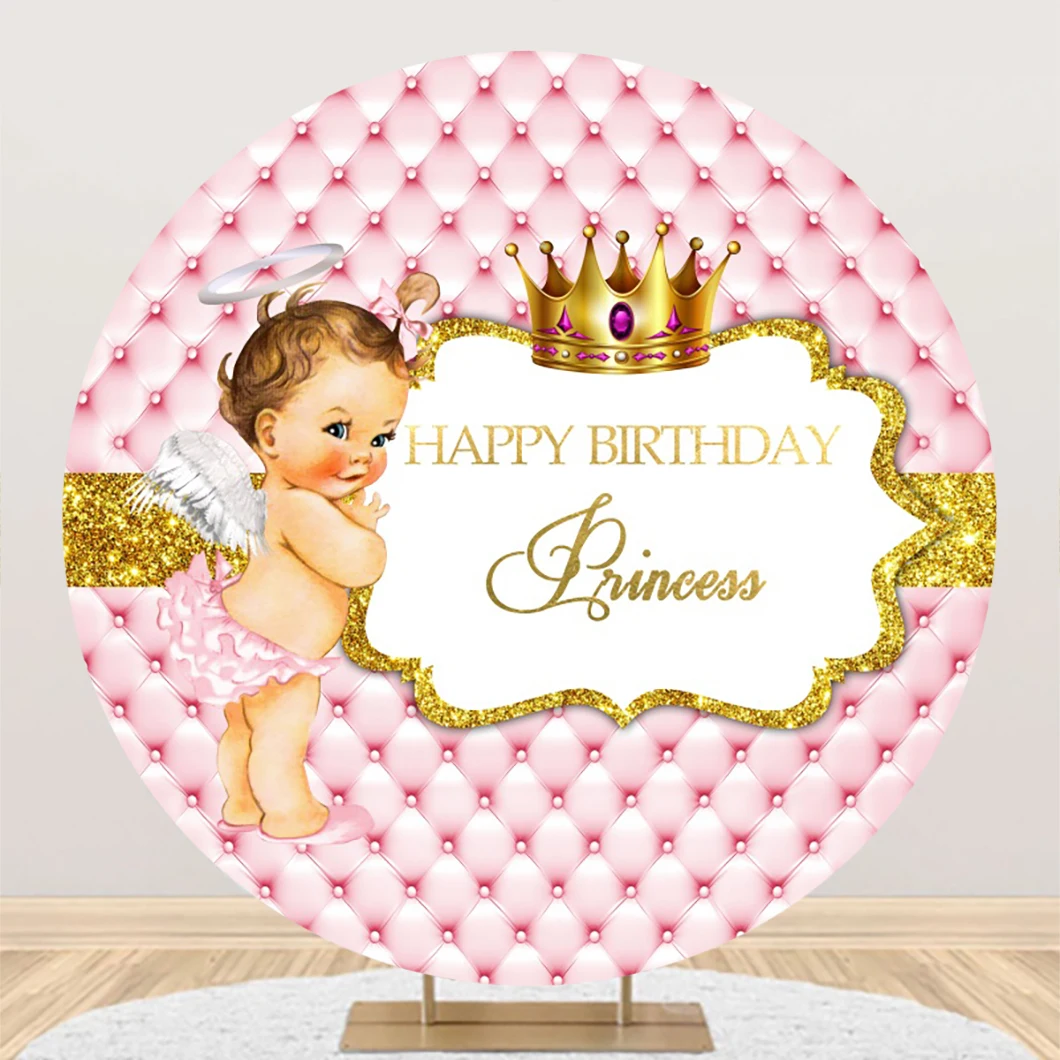 Welcome Our Little Princess Gold Crown Pink Headboard Round Backdrop For Baby Shower 1st Birthday Party Circle Background