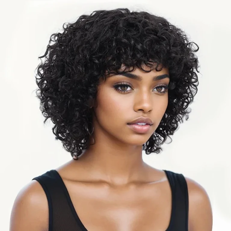 Pixie Cut Human Hair Wigs For Black Women Afro Rose Curly Funmi Glueless Wigs with Bangs Short Bouncy Curly Bob Wig With Bang