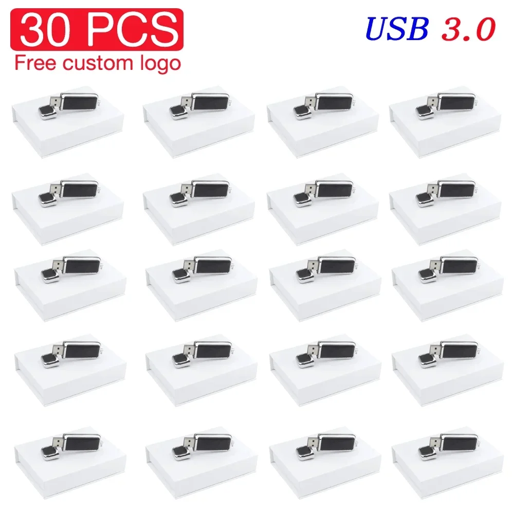 30PCS/LOT High Speed USB 3.0 Flash Drive Free Custom Logo 128GB White Black Leather Pen Drive 64GB Memory Stick Box Wedding Gift