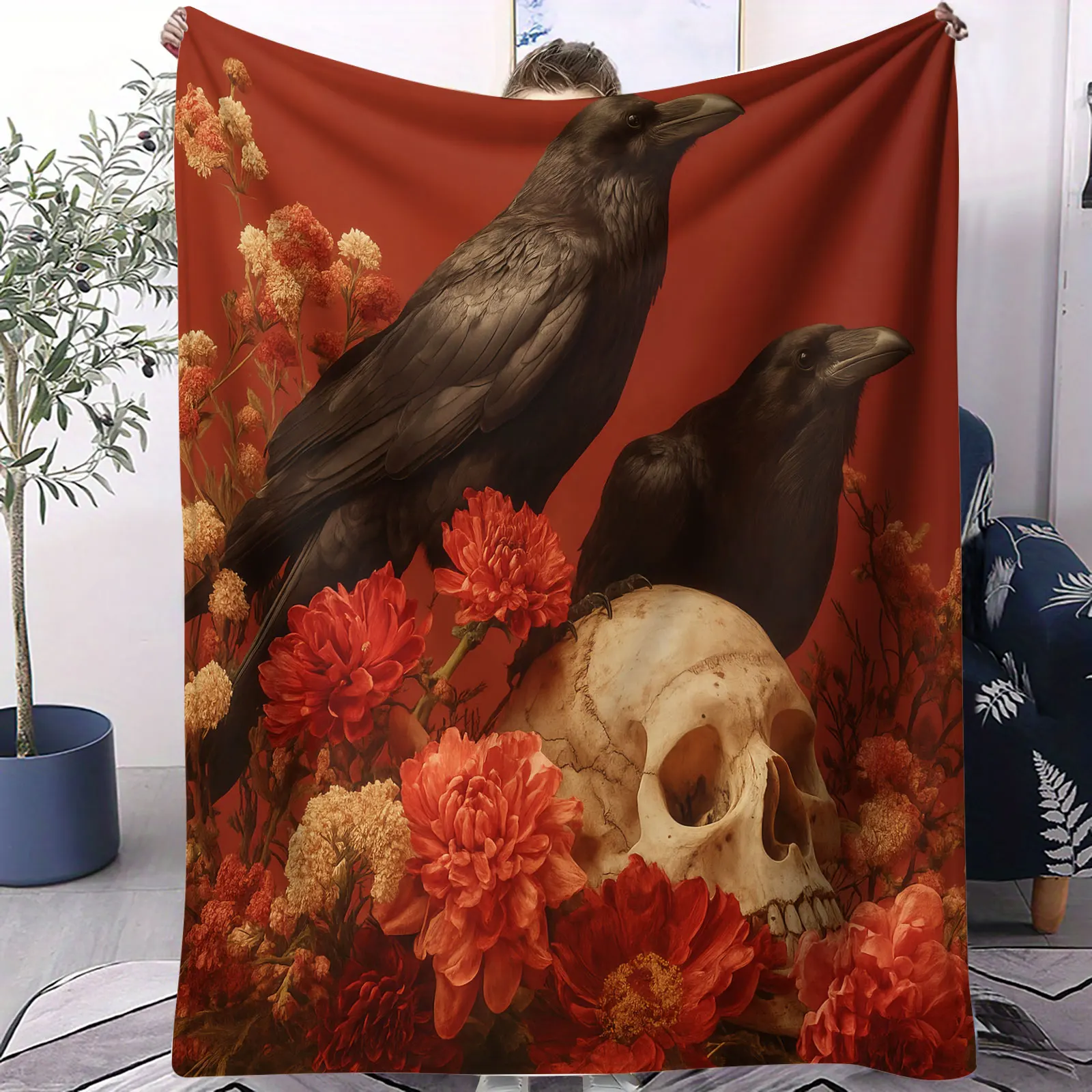 بطانية قيلولة على شكل جمجمة قوطية حمراء ووردية، بطانية تكييف هواء رومانسية داكنة لديكور المنزل، بطانية ناعمة على الطراز البديل