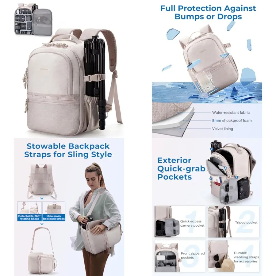 

Camera Backpack, DSLR SLR Small Camera Bags for Photographers Compatible for Sony Canon Nikon, Shoulder Strap 2-in-1 Travel Backpack Fits 12.9" iPad, Beige