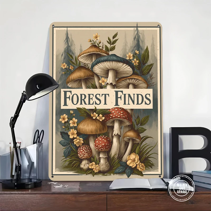 Forest Finds Mushroom Art Printed Poster Customized Wall Art Retro Vintage Metal Tin Signs for Decoration Garage Bathroom Decor