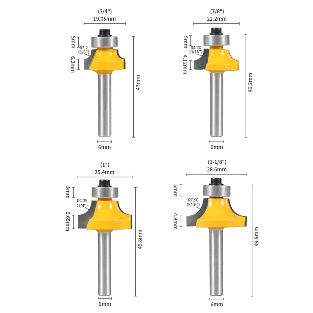 6mm 6.35mm 8mm 12mm 12.7mm Shank Corner Round Over Router Bit Tungsten Carbide Milling Cutter for Wood Woodworking Face Mill