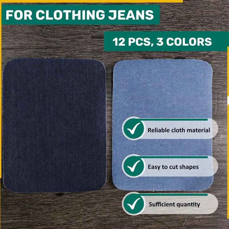 A92P Ferro em remendos jeans para roupas jeans 12 peças, 3 cores (4,9 polegadas x 3,7 polegadas)