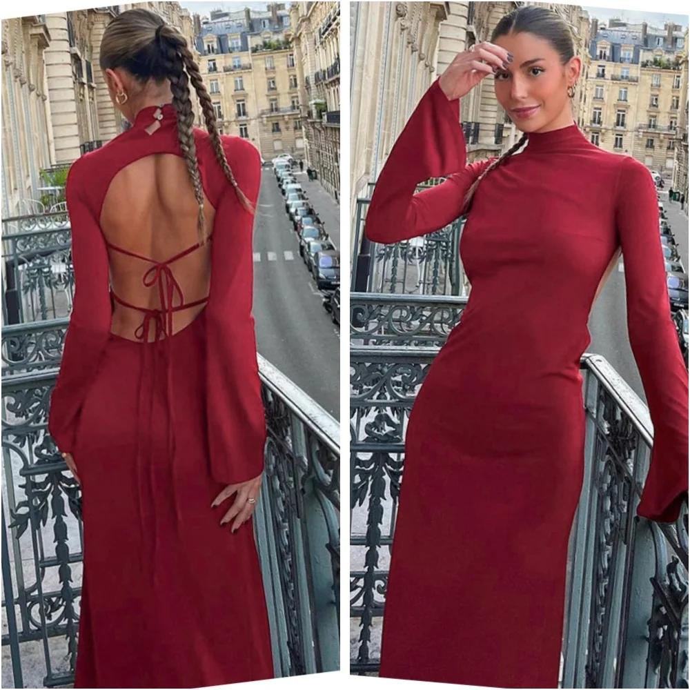 Sexy Tether Halter Long Dress Flare Sleeve Backless Turtleneck Dress Women Maxi Dresses Bodycon Bandage Evening Party Vestidos