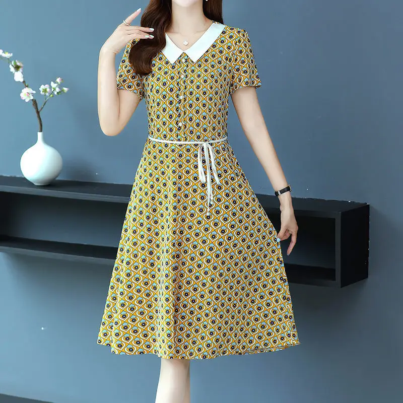 

Summer New Vintage Print Ladies Dresses Short Sleeve Loose All-match Plus Size Casual Midi Dress Fashion Elegant Women Clothing