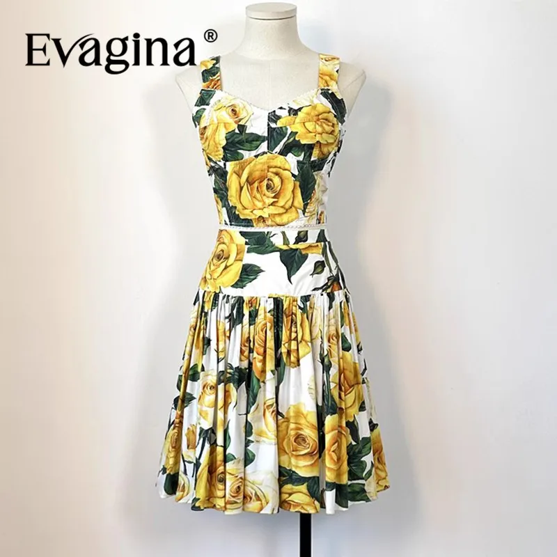 

Evagina Fashion Design New Women's Cotton Yellow Rose Printed Short Strap Tops Versatile Short High Waist Half Skirt Set