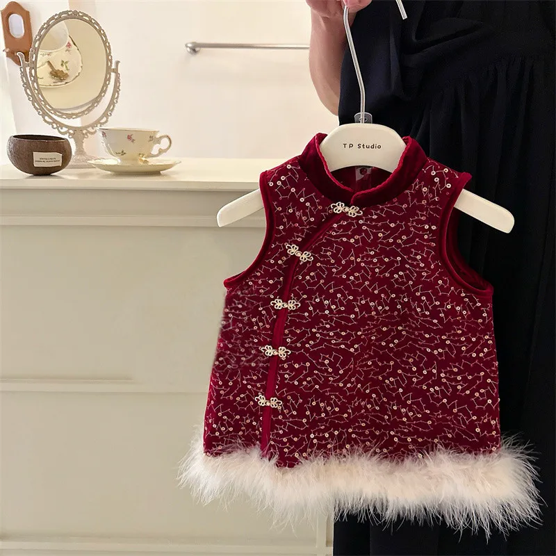 Girls Skirt Sundress Sequin Red Dress 2024 Baby Girls Mesh Pompadour Dress Christmas Skirt Korean Sweet Style Clothes Skirt