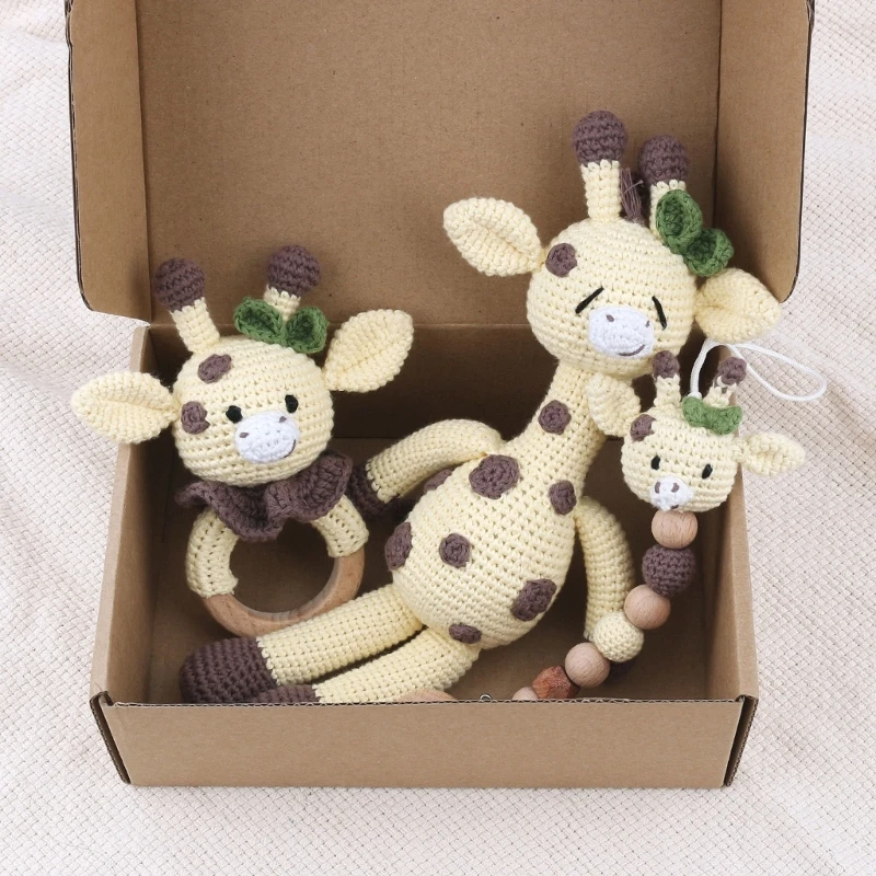 

N80C 3-в-1 набор детских игрушек, детская цепочка для соски, прорезыватель для новорожденных, жираф, кукла, хлопок + дерево, без