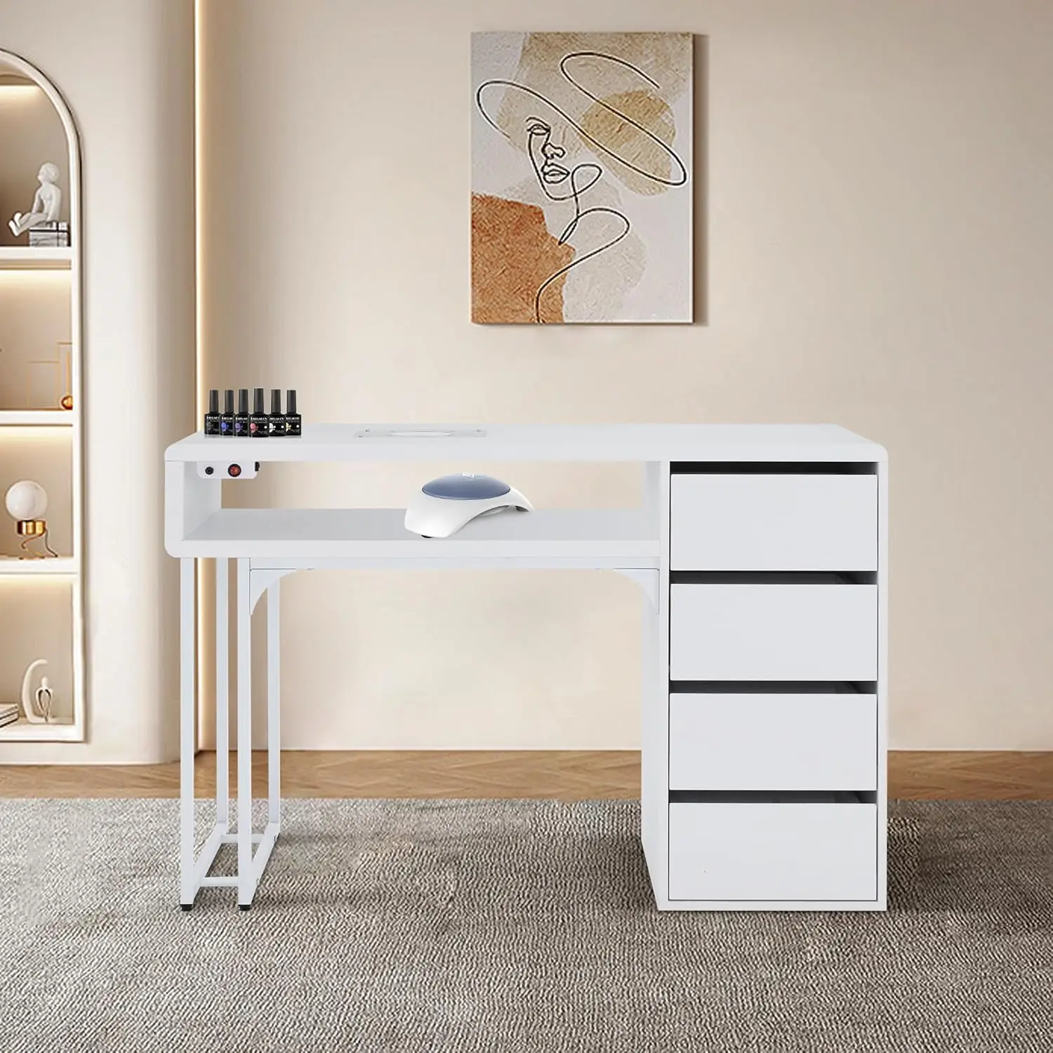 #60W Vacuum Manicure Desk with Built-in Dust Collector for Salon, White, Customized