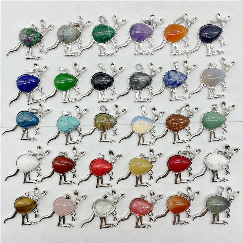 

Natural Gem Stone Water Drop Quartz Crystal Tiger Eye Animal Kangaroo Silver Colour Pendant Jewelry Making Accessories 12pcs