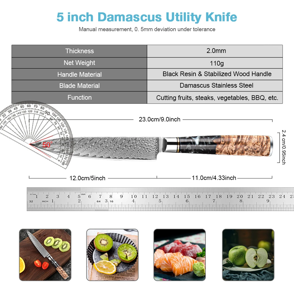 Professional Chef Knife 5 Inch Utility Knife Fruit Knife High Quality 67-layer Damascus Steel Peeling Knife Black Resin Handle