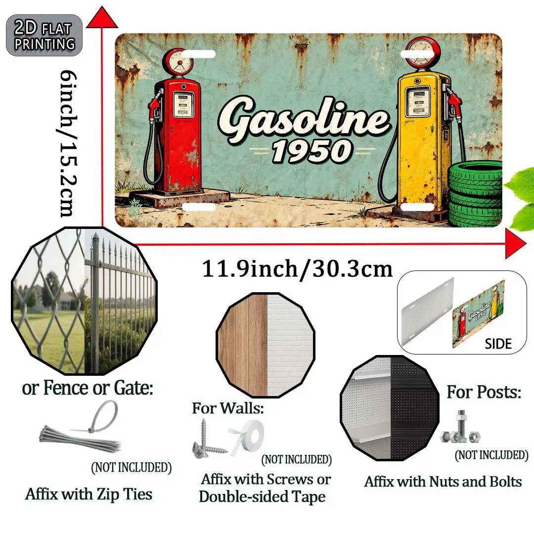 Vintage 1950s Gas Pump Metal Sign 12x6 Inch, Red Yellow Garage Wall Decor, Retro Automotive Art for Man Cave