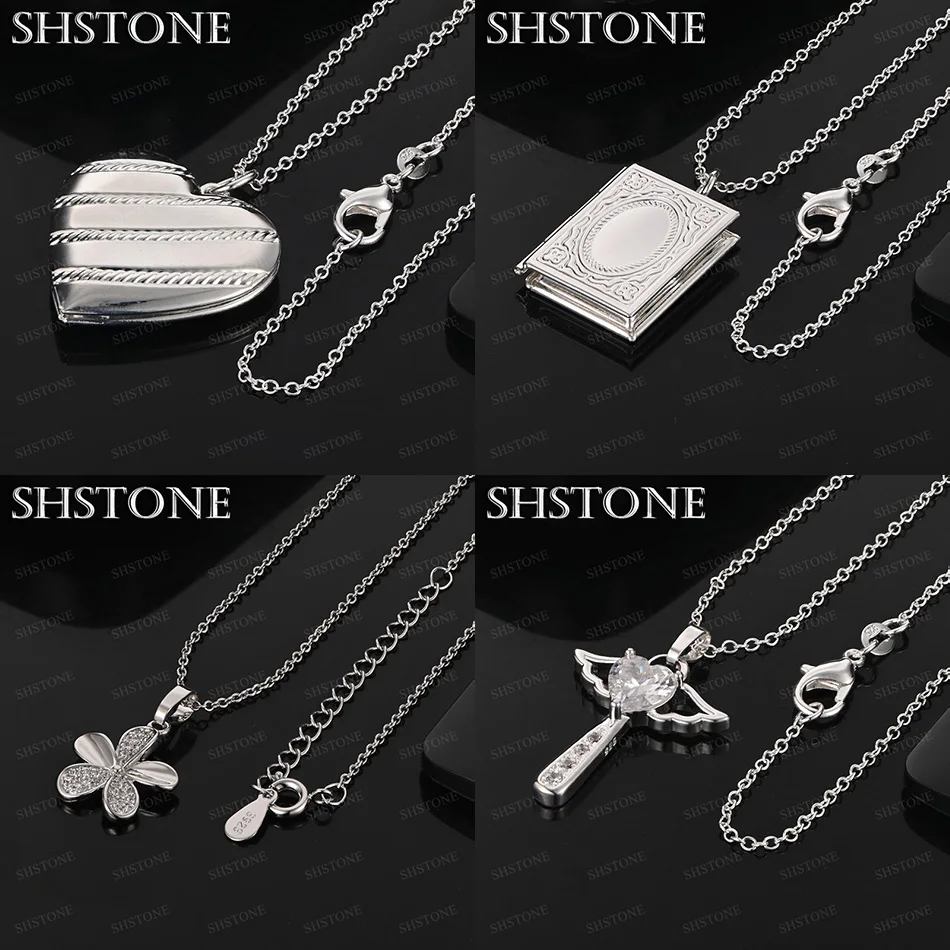 

925 Sterling Silver Heart Zircon Angel Wing Flower Square Pendant Necklace For Women Engagement Wedding Party Fashion Jewelry