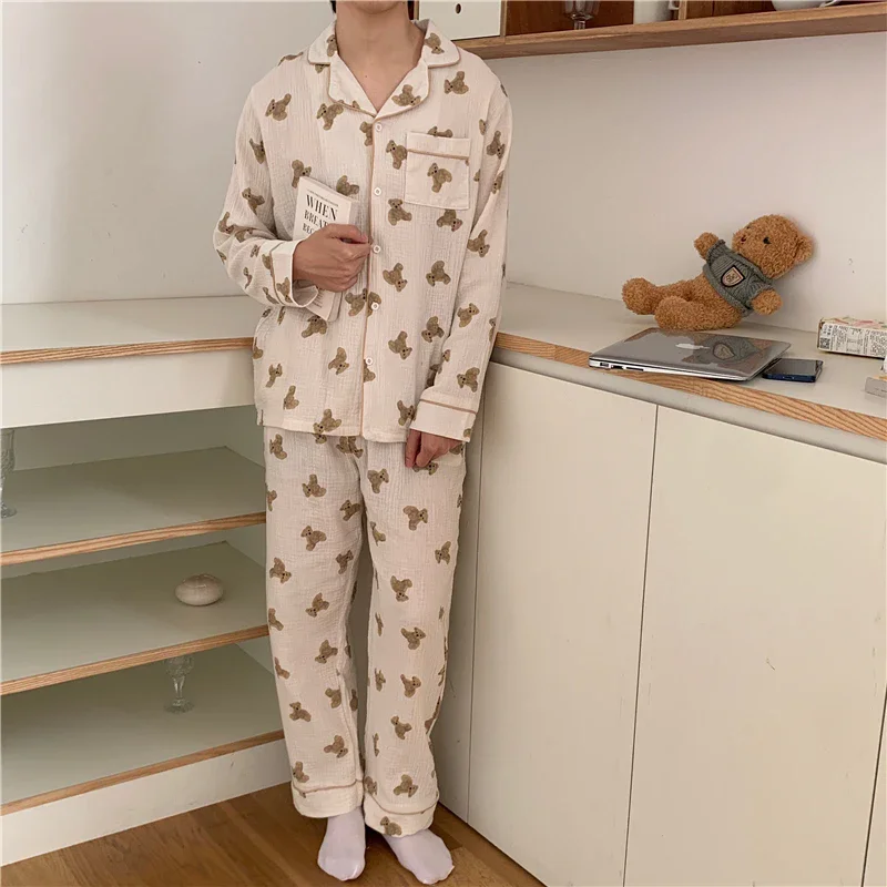 Couple Lovers Kawaii Cotton Autumn Pajamas Set Women Korean Casual Cotton Two Piece Set Home Suit Sleepwear Pockets Vintage