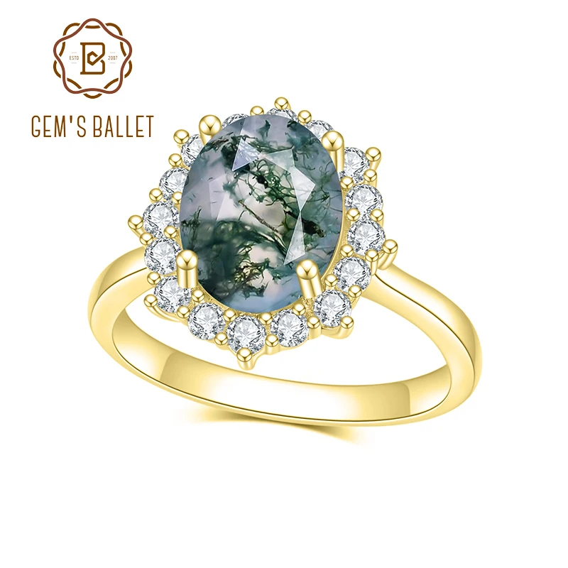 

GEM'S BALLET 2.85CT 8X10mm Moss Agate Oval Cut Unique Cluster Halo Engagement Rings in 925 Sterling Silver Women's Gemstone Ring