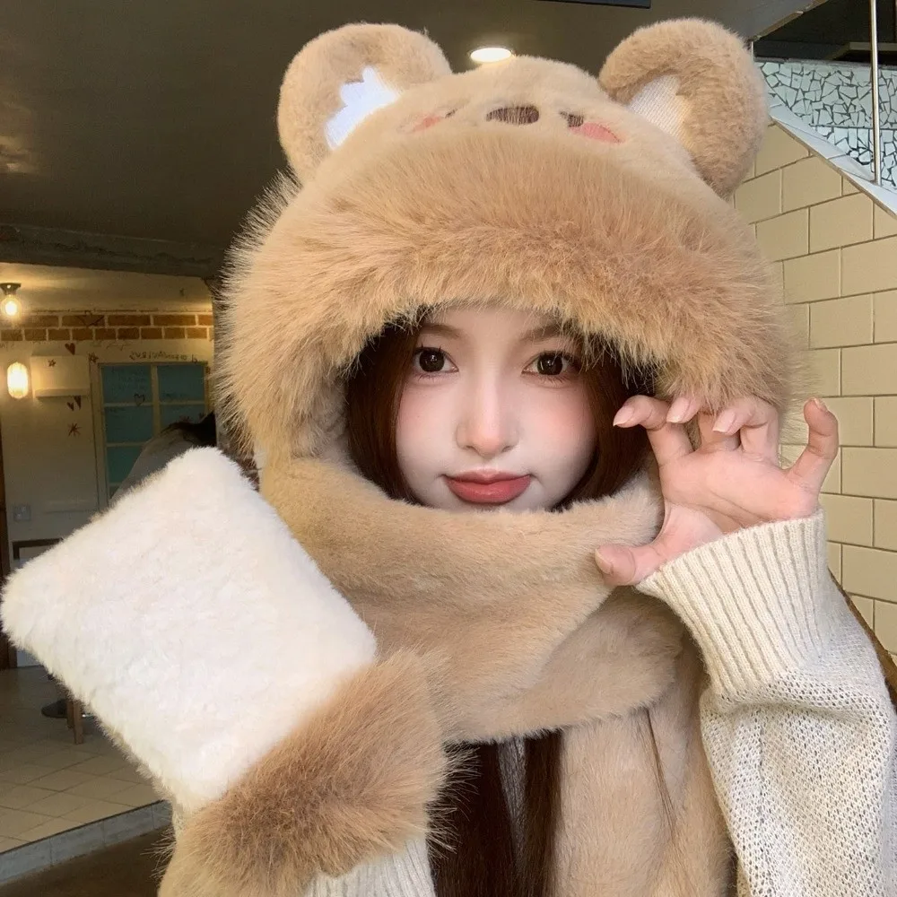 3pcs/Set 3 Piece Set Bear Hat Scarf Gloves Set Polyester Thick Warm Winter Hat Scarf Gloves Set Cold Weather Cold Proof