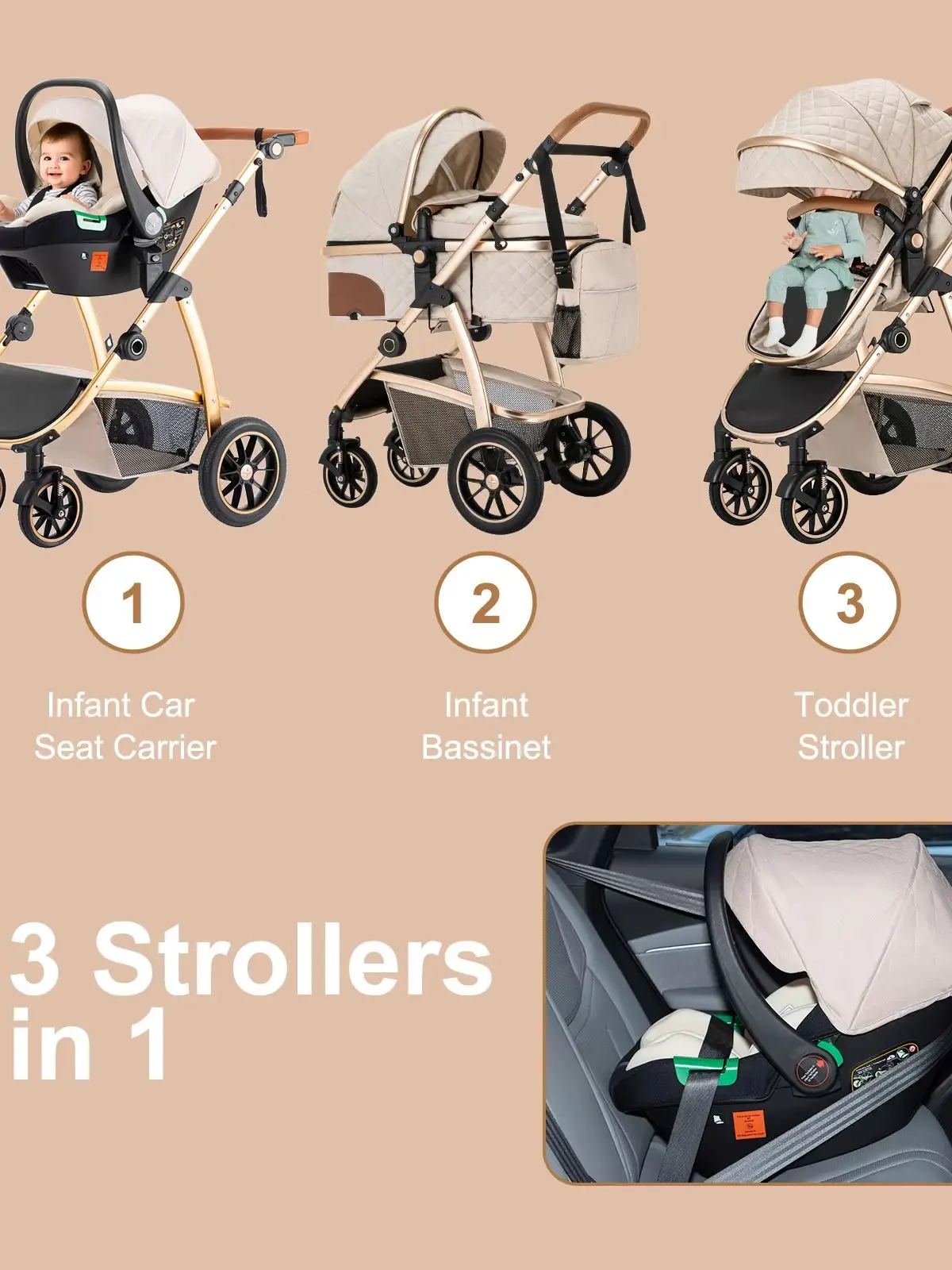 3-in-1 Reisbuggy met verstelbare duwstang, reisbuggy met muskietennet, kinderwagen met aluminium frame