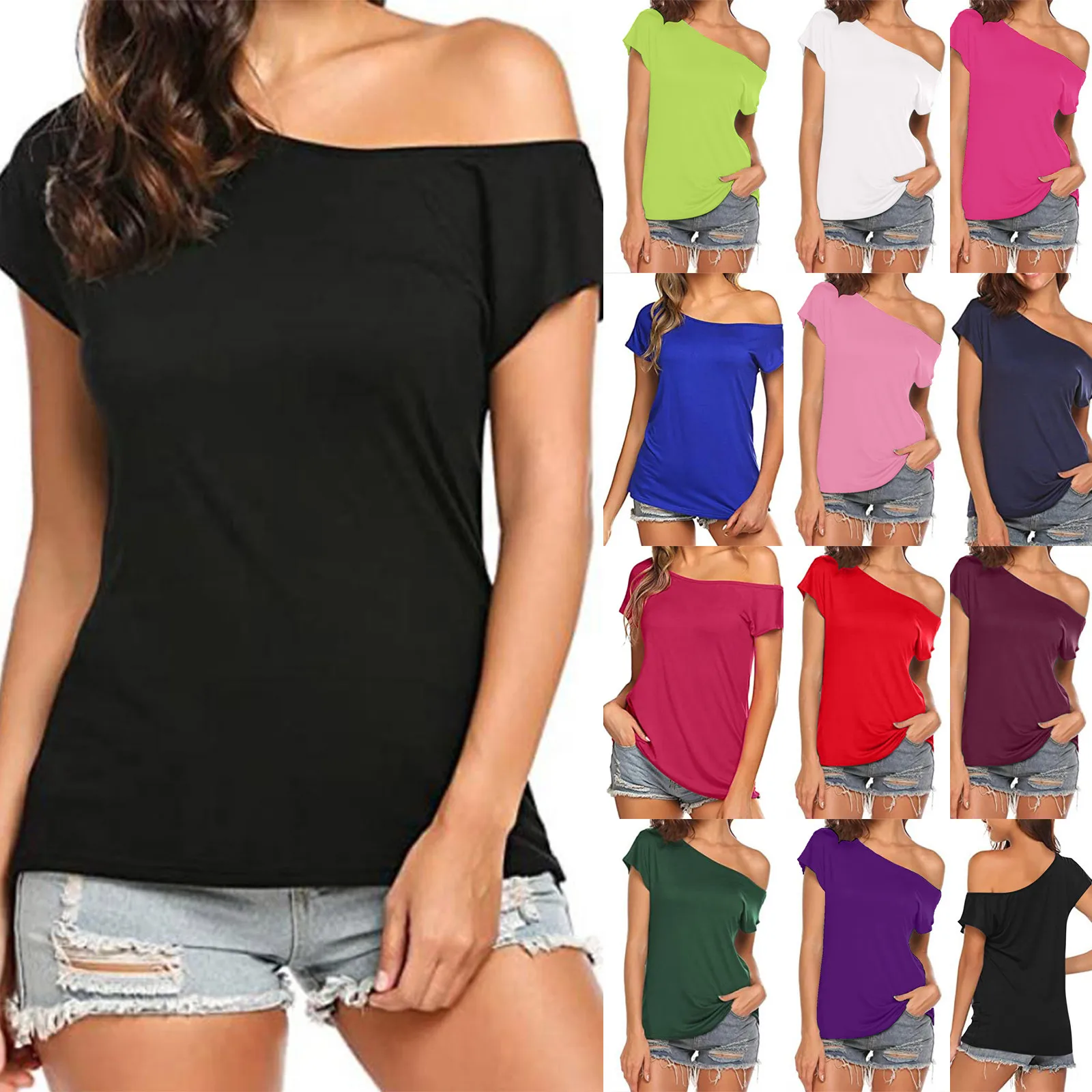 2022 Summer Fashion Women's T Shirt Solid Casual One Shoulder Off Tee Tops Short Sleeve T Shirts Basic Loose Shirt Women Clothes