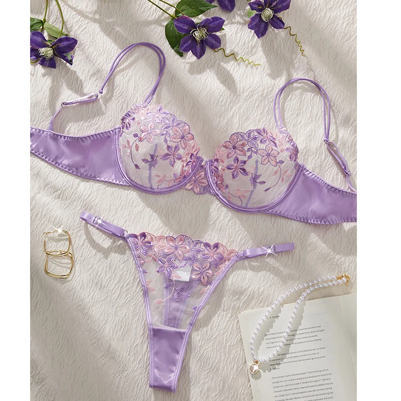 

Lingerie Woman Sexy Fancy Erotic Set Delicate Embroidery Bra and Panties Sets Push Up Bra Romantic Purple See Though Lingerie