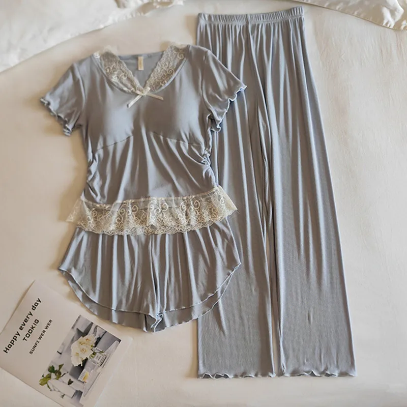 

3 Pcs Set New Lace Modal Sleepwear Women Sleep Short Sleeve Shorts Trousers Suit Sweet Gentle Summer Pajamas Lady's Home Clothes