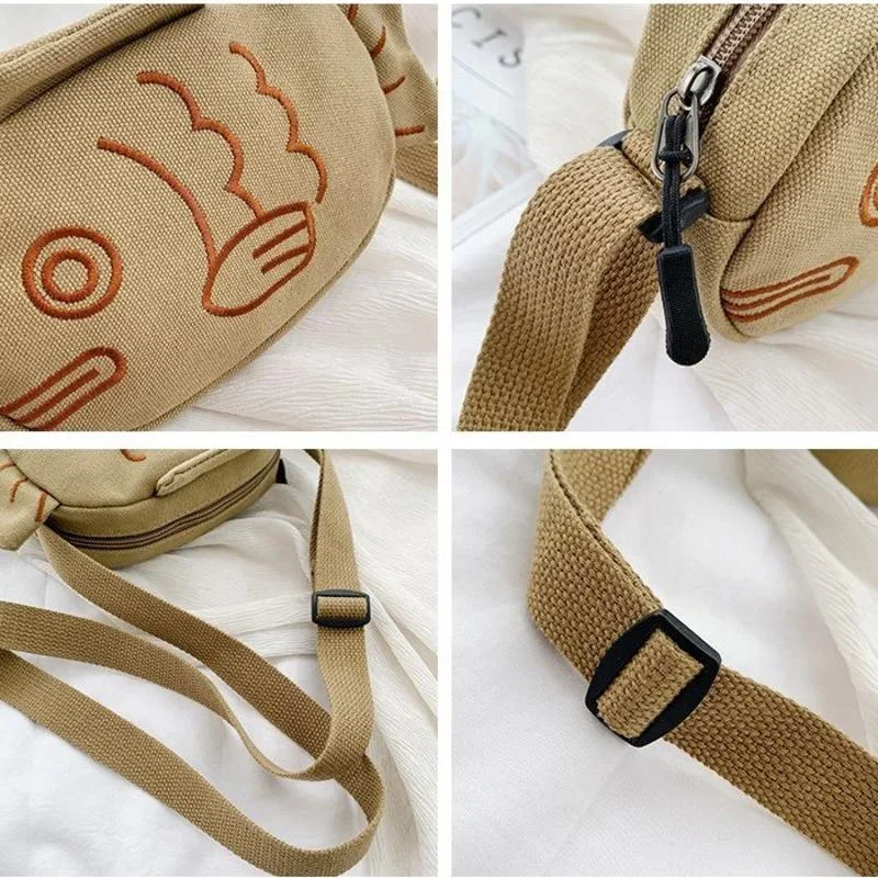 1pc Cute Canvas Messenger Bag Japan Style Embroidery Fish Shape Portable Zippered Small Purses Handbags Mini Crossbody Bag