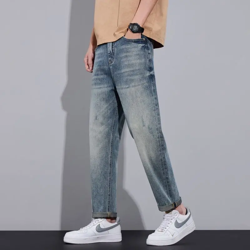 Spring Summer Men's Loose Straight Leg Jeans Trendy Casual Long Trousers Comfortable Fit Classic  Denim Youthful Energy Style