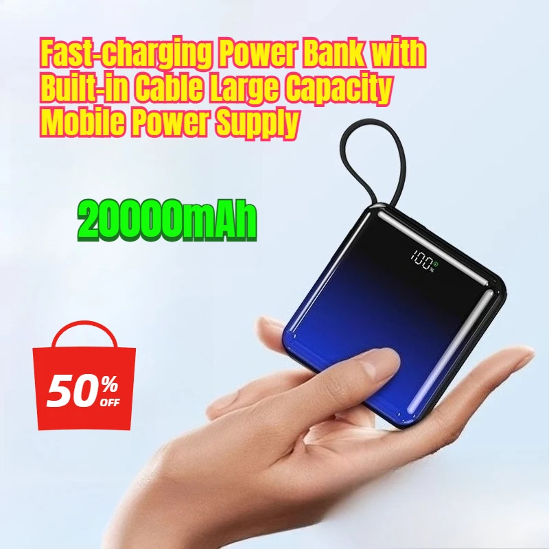 

20000mAh Fast-charging Power Bank with Built-in Cable Large Capacity Mobile Power Supply