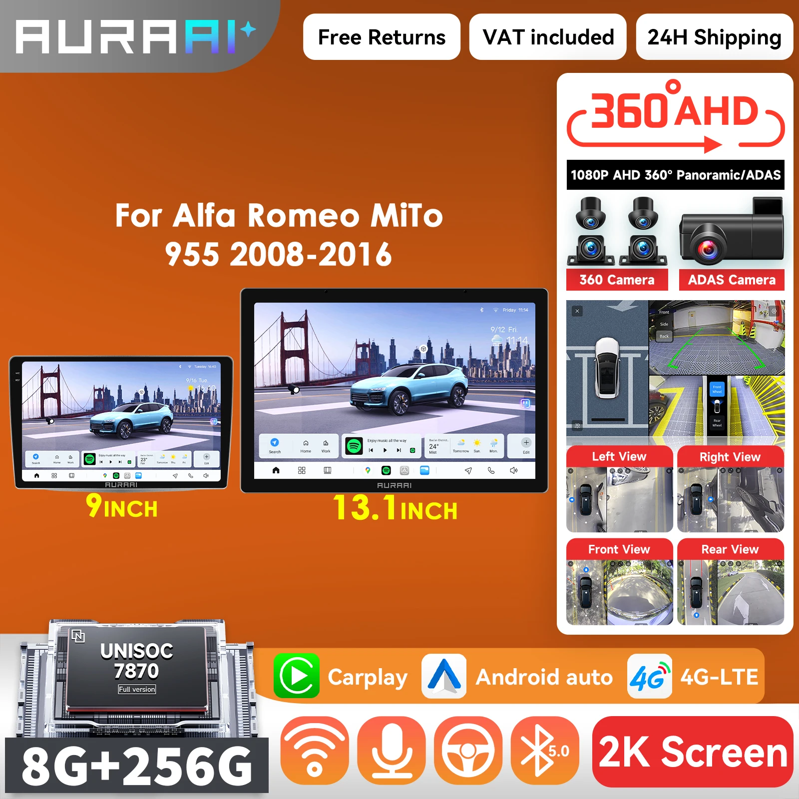8 + 256G Android Auto radio Autoradio Für Alfa Romeo MiTo 955 2008-2016 AI Carplay multimedia 2K Intelligente Bildschirm ADAS 360 Kamera