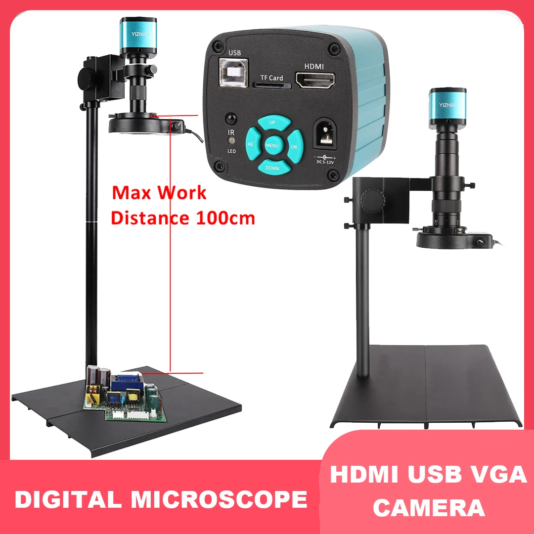 YIZHAN 48MP Industiral Microscope 4K Video USB HDMI VGA Digital Camera Continuous Zoom 180X C-Mount Soldering Phone Repair Tools