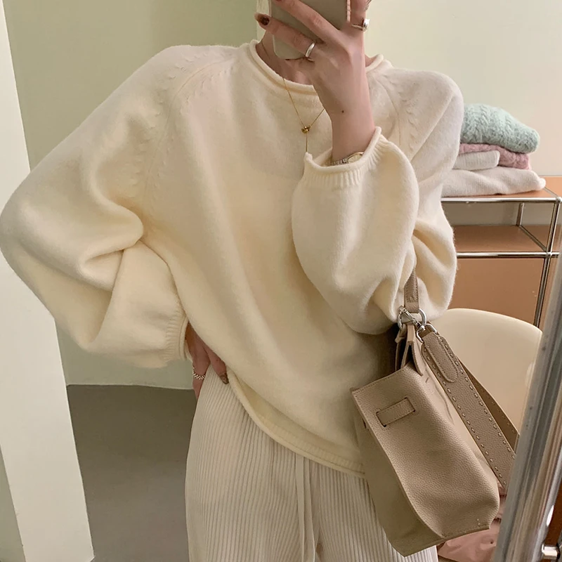 

Korean Loose Long Sleeve Women Sweaters Autumn Winter Round Neck Soft Warm Jumper Woman Solid Color Sweater Pullover Female