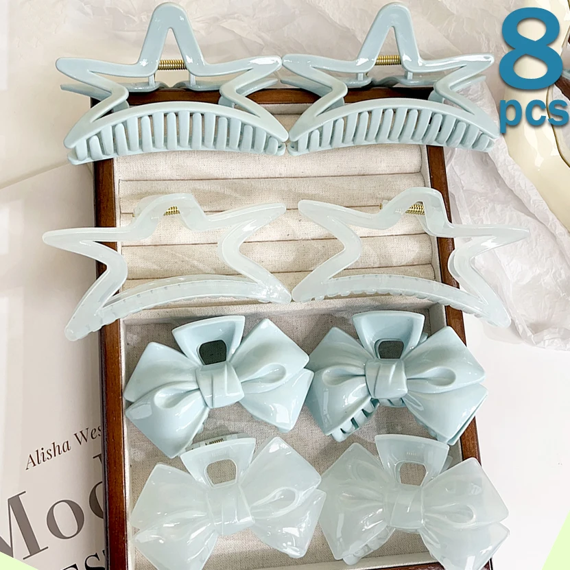 8 stks Hemelsblauw Set Jelly Kleur Haar Klauw Strik Stropdas Ster Grote Haai Haar Clip Haarspeld Haar Paardenstaart Klem Hoofdtooi Klauw Clips