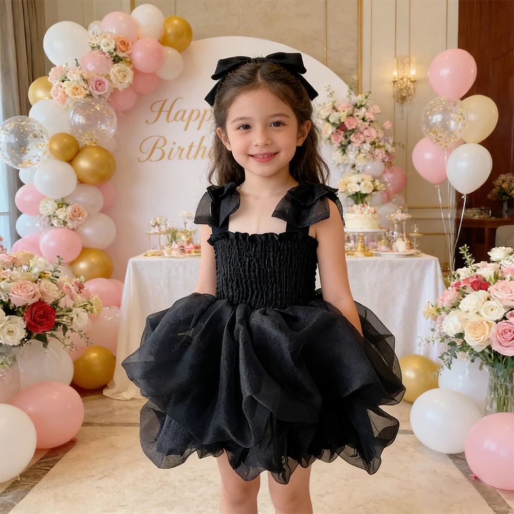 

Летнее черное платье-туту для малышек, нарядное платье принцессы для девочек, одежда на день рождения, праздничное платье для свадеб, тюлевые платья для девочек с цветами
