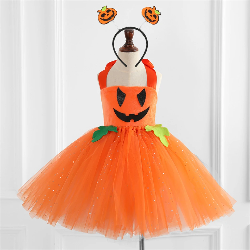 Children's Halloween Cosplay Pumpkin Witch Costume Broom Bag Hat Cloak Carnival Kids Girls Masquerade Party Ghost Vampire Dress