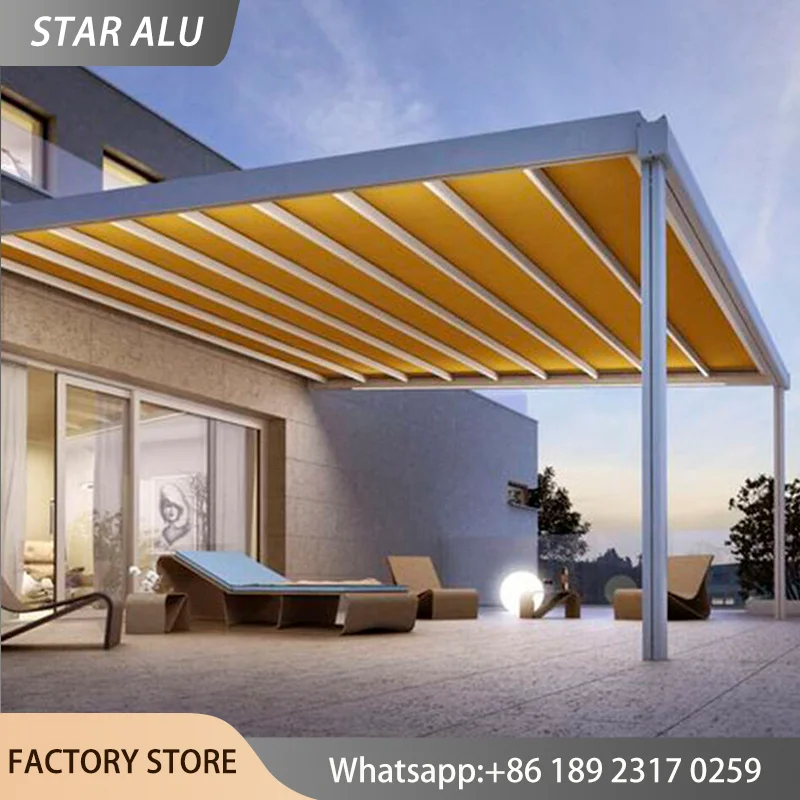 Motorized PVC Canopy Retractable Roof Pergola Heavy Duty Foldable Awning Waterproof Sunshade Outdoor Hotel Resort Patio Shelter