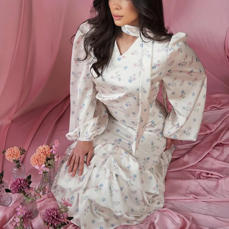 Puff Sleeve V-neck Top With Ruffled Hem And Fixed Skirt A Two-piece Set For Women, Autumn. 2026 Collection Beach Boho Bandage