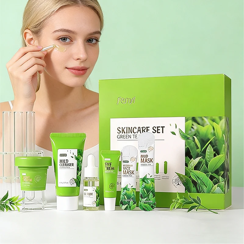 

Набор для ухода за кожей с зеленым чаем, 6 предметов: очищающее средство для лица, сыворотка, крем для глаз, эссенция для лица, увлажняющий крем, ночная маска, грязевая маска.