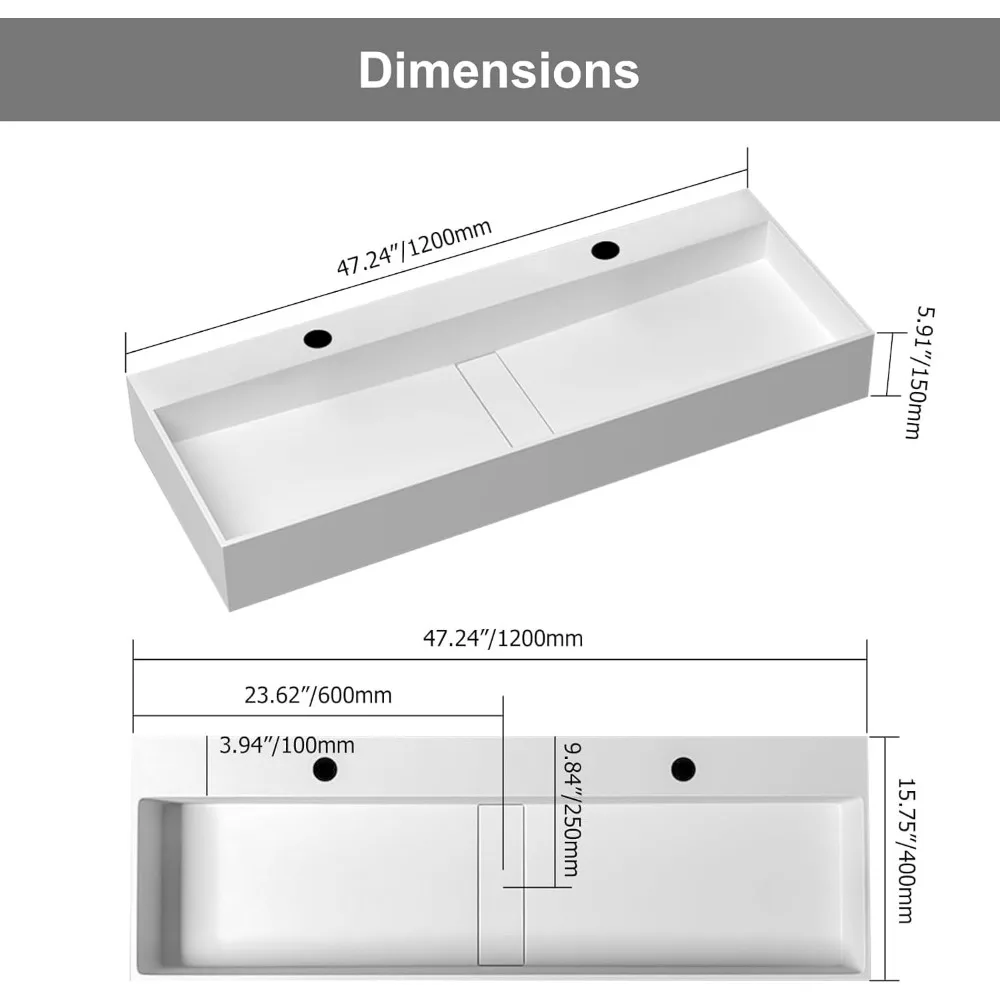 47'' Bathroom Vessel Sink Double-Bowl Bathrooms Sinks Wall Mounted Trough Floating Sink in Matte,  Bathroom Vessel Sink