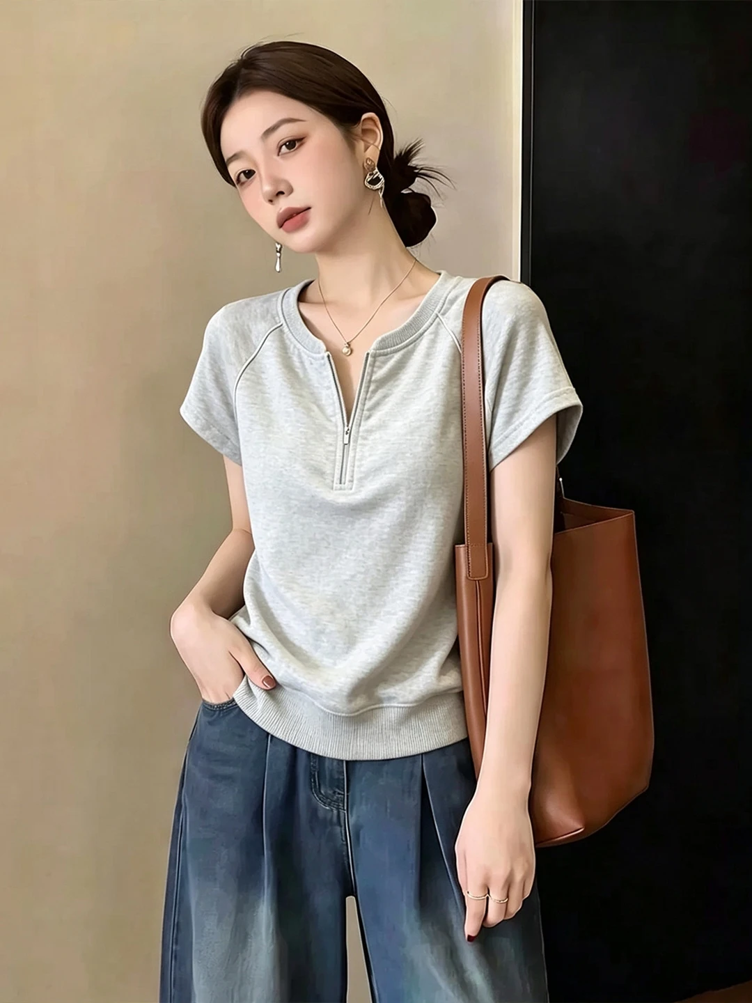 plus Size Fashionable Half Zip round Neck Short Sleeve T-Shirt Women Summer Loose Belly Covering Slimming Versatile Top